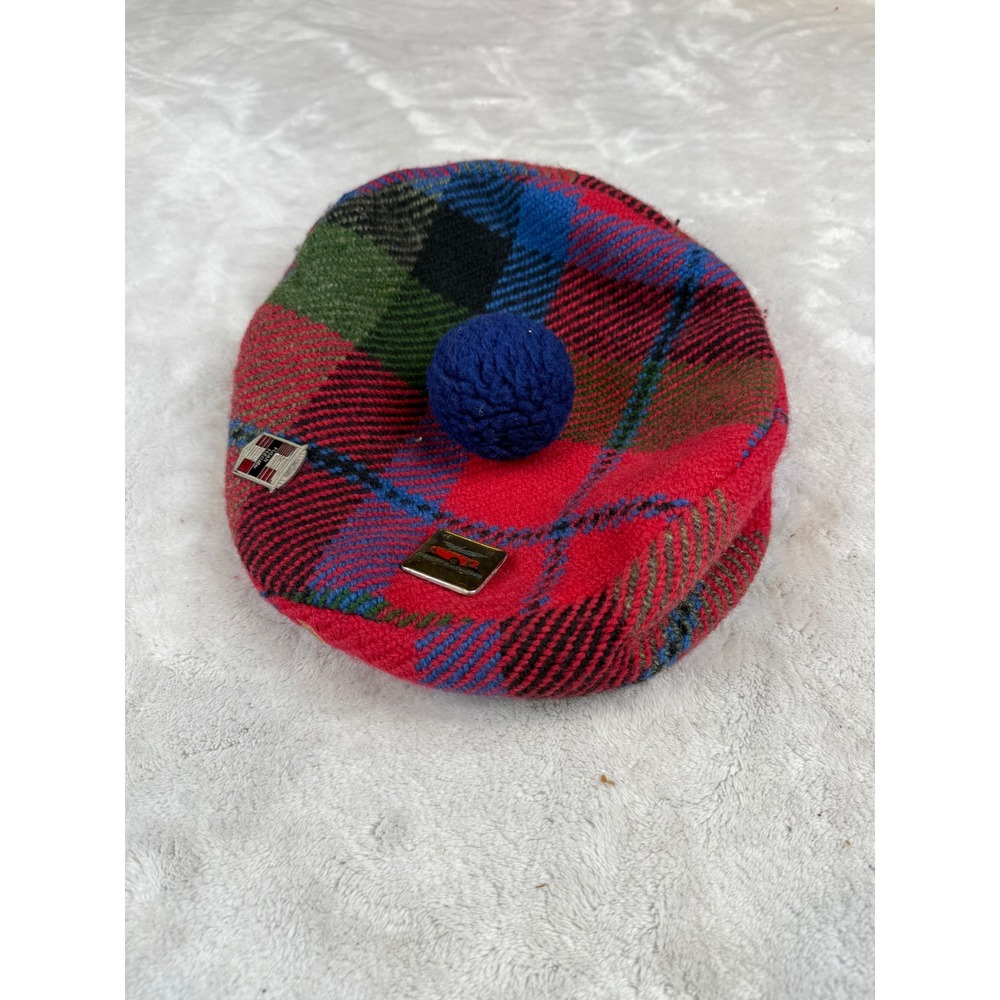 Vintage Scottish Tam O' Shanter Plaid Wool Beret Hat Nash Healey‎ Car Pins Red